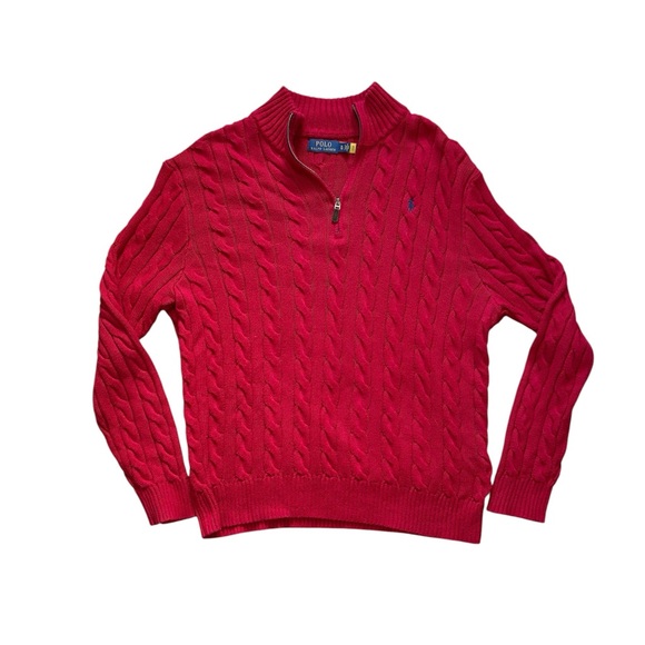 Polo Ralph Lauren Red Cable Knit Cotton Quarter Zip Sweater - Picture 1 of 8
